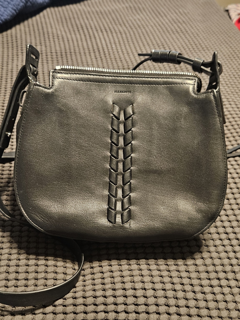 AllSaints Black Leather Woven-Detail Crossbody Bag